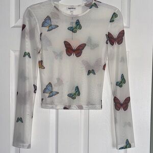 superdown Sheer White Long-Sleeve Top with Multicolor Butterfly Print